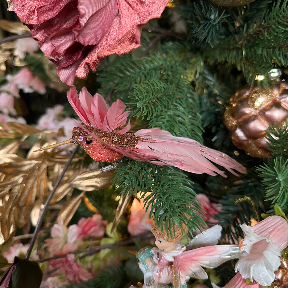 Viv! Christmas Kerstdecoratie - Vogel - Kolibrie op clip - set van 2 - fuchsia oudroze - 17cm