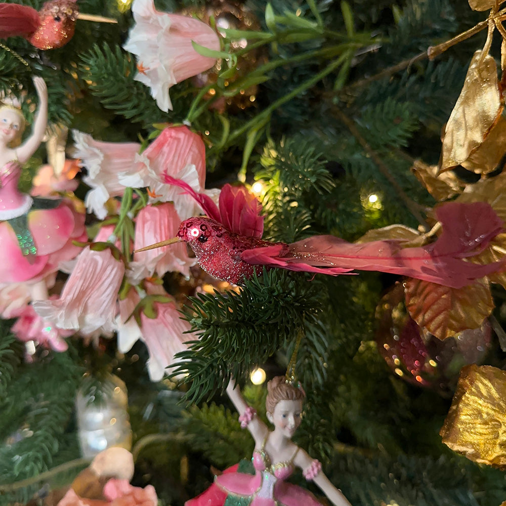 Viv! Christmas Kerstdecoratie - Vogel - Kolibrie op clip - set van 2 - fuchsia oudroze - 17cm