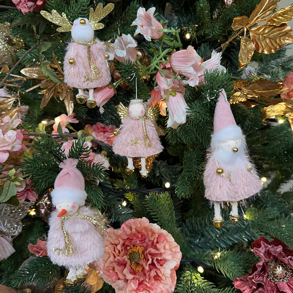 Viv! Christmas Kerstornament - Kerstman, Sneeuwpop, Rendier, Engel - set van 4 - stof - roze goud - 12cm