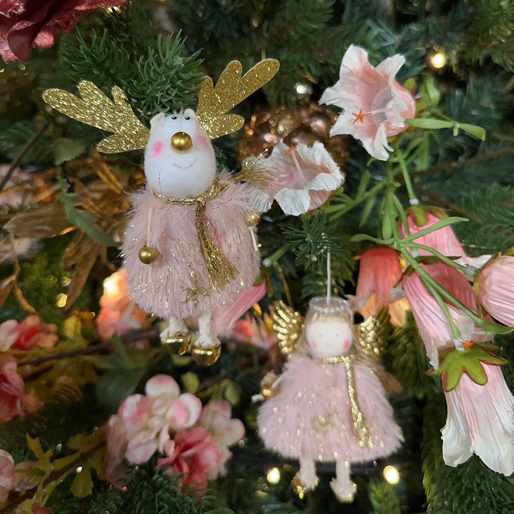 Viv! Christmas Kerstornament - Kerstman, Sneeuwpop, Rendier, Engel - set van 4 - stof - roze goud - 12cm