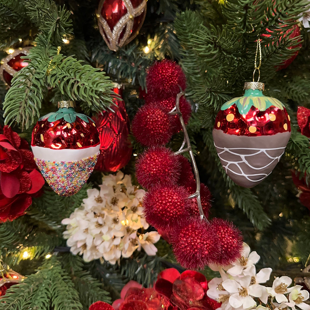 Viv! Christmas Kerstornament - Aardbeien met Chocolade - glas - set van 2 - rood - 8cm