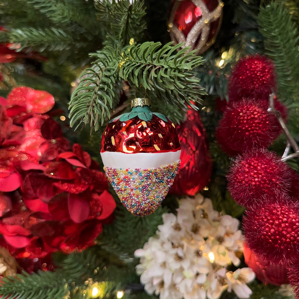 Viv! Christmas Kerstornament - Aardbeien met Chocolade - glas - set van 2 - rood - 8cm