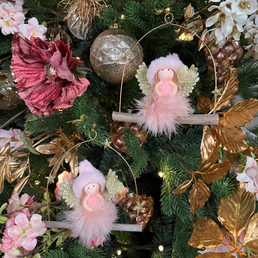 Viv! Christmas Kerstornament - Engeltjes van stof op schommel - 2 stuks - roze goud  - 18cm