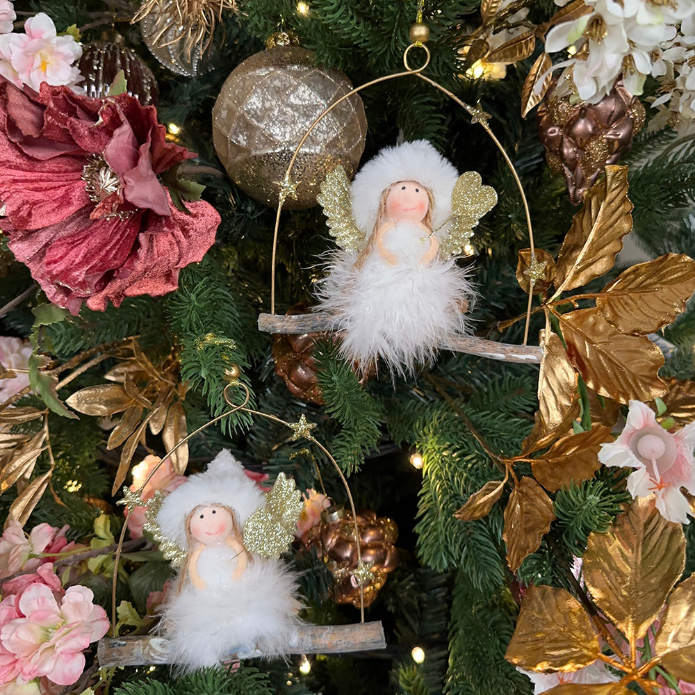 Viv! Christmas Kerstornament - Engeltjes van stof op schommel - 2 stuks - wit goud  - 18cm