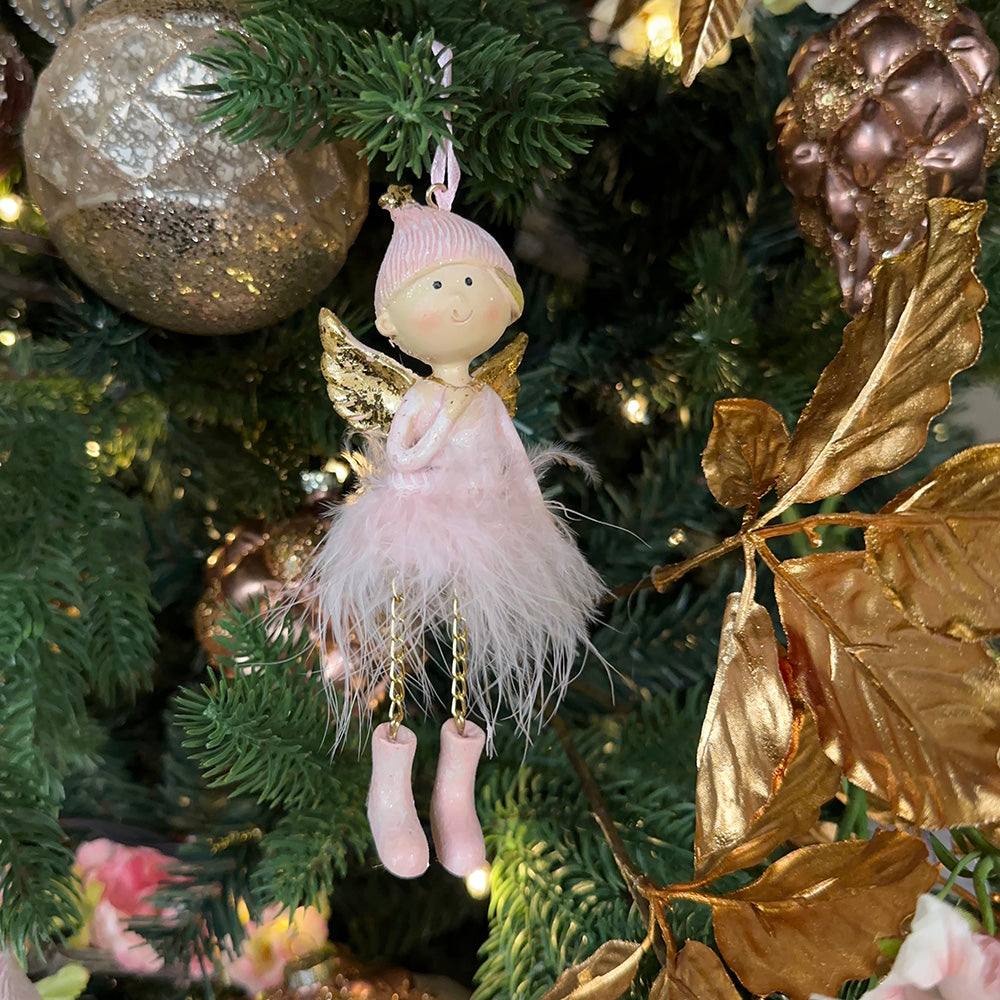 Viv! Christmas Kerstornament - Engeltjes met Veren - set van 2 - roze goud - 14cm