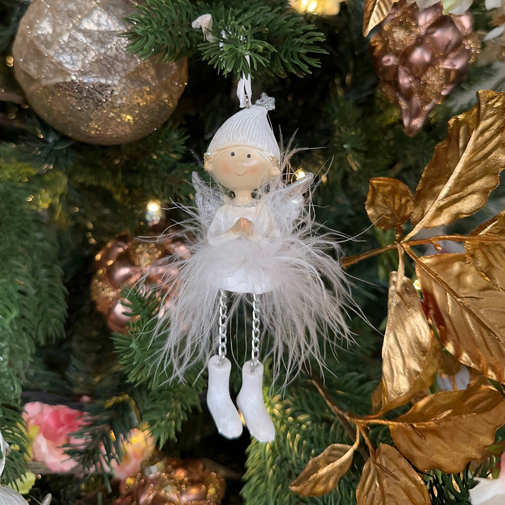 Viv! Christmas Kerstornament - Engeltjes met veren - set van 2 - wit zilver - 14cm