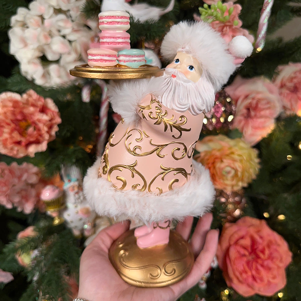 Viv! Christmas Kerst Decoratiebeeld - Kerstman met macaron - roze wit goud - 22cm