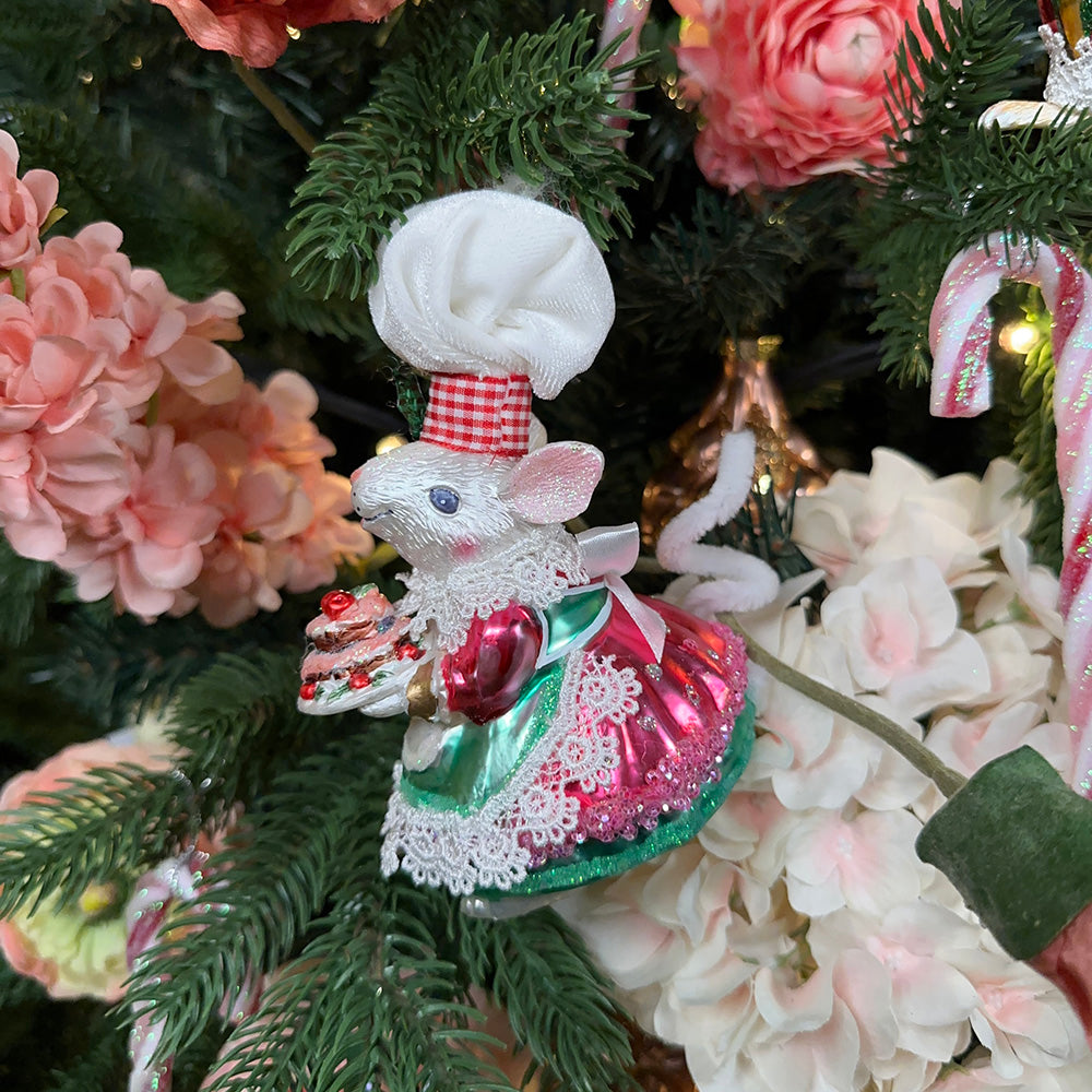 Viv! Christmas Kerstornament - Banketbakker Muisjes - set van 2 - glas - roze groen wit - 14cm
