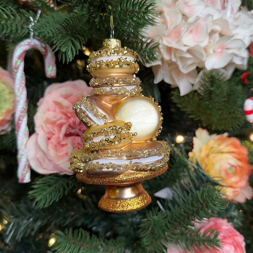 Viv! Christmas Kerstornament - Macarons op Serveerschaal - glas - goud - 14cm