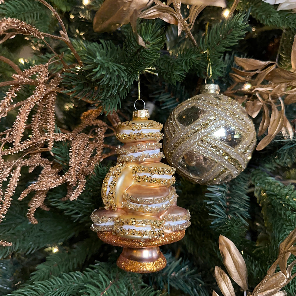 Viv! Christmas Kerstornament - Macarons op Serveerschaal - glas - goud - 14cm
