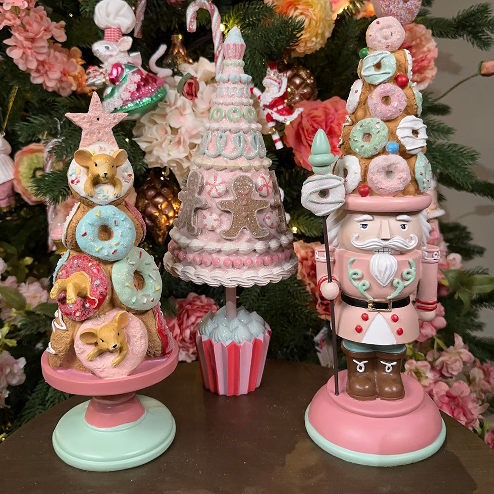 Viv! Christmas Kerst Decoratiebeeld - Muisjes Snoepen van Donuts - roze groen - 29cm