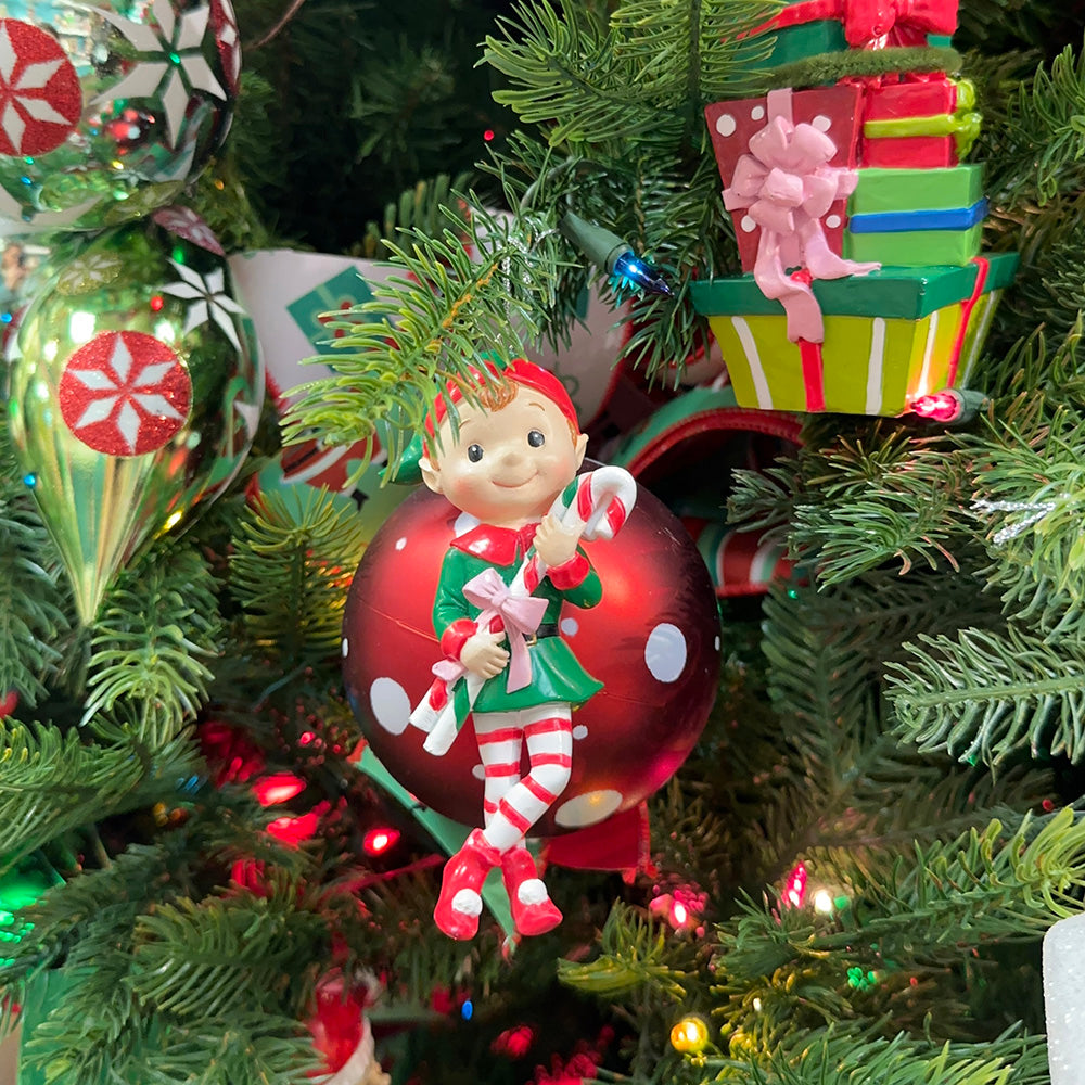 Viv! Christmas Kerstornament - Elf met Snoep op Kerstbal - set van 2 - rood groen wit - 20cm