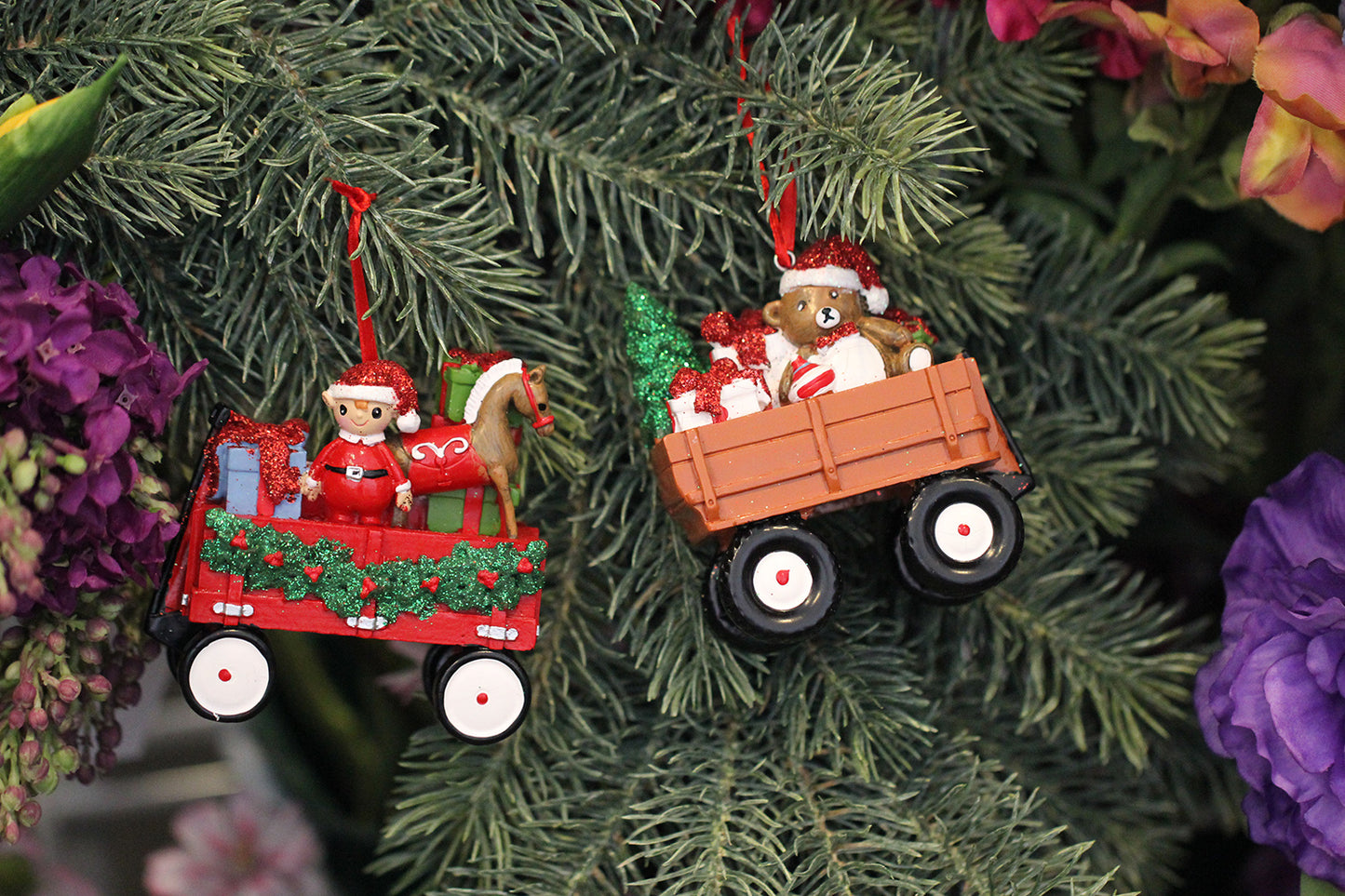 Kurt S. Adler Christmas ornament - Wagon - set of 2 - red and brown - 9cm