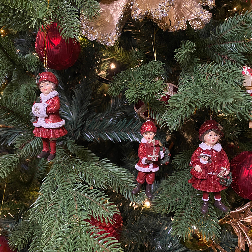 Viv! Christmas Kerstornament - kindjes in kerstpakje - set van 3 - rood - 11cm
