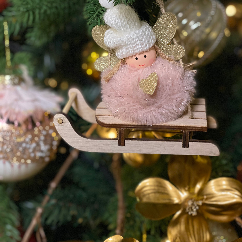 Viv! Christmas Kerstornament - Engel op slee - set van 2 - hout - roze wit - 13cm