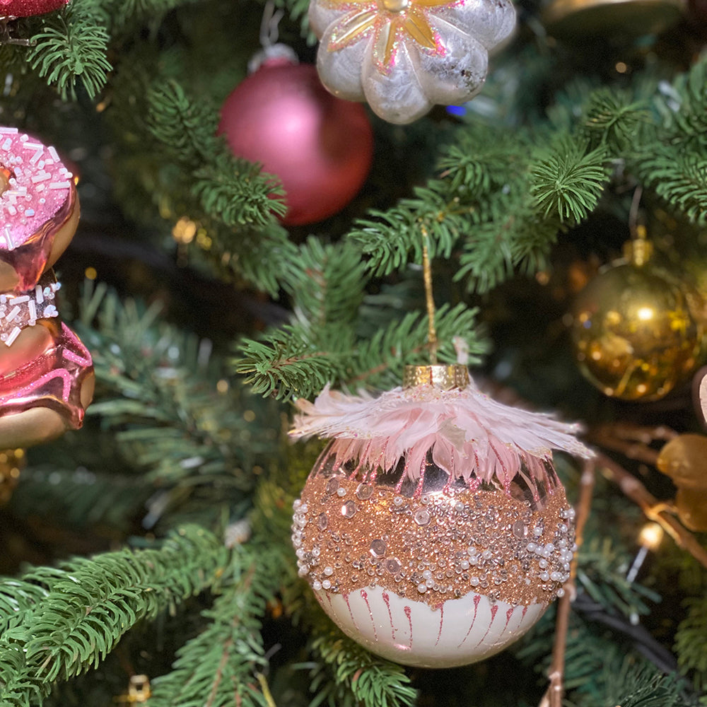 Viv! Christmas Kerstbal - Parels en veren - glas - roze - 10cm