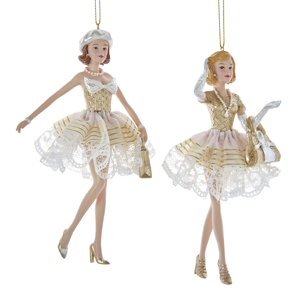 Kurt S. Adler Kerstornament - Shoppende meiden - set van 2 - goud wit - 15cm