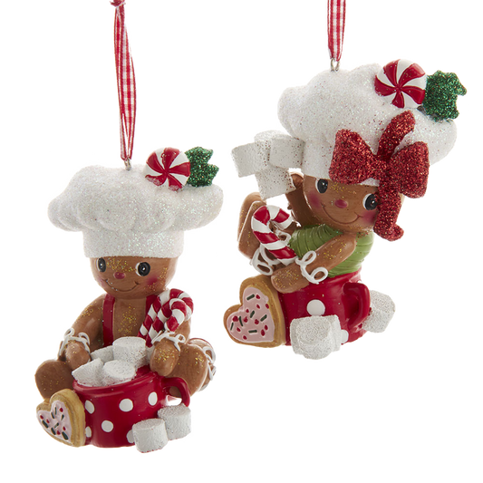 Kurt S. Adler Kerstornament - Gingerbread Mannetjes Chocolademelk - set van 2 - bruin rood wit - 10cm
