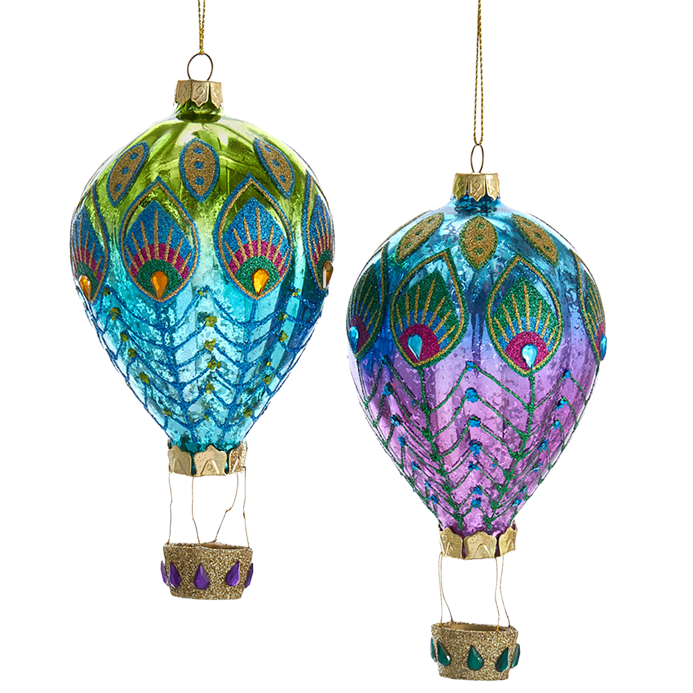 Kurt S. Adler Kerstornament - Luchtballonnen Pauw - set van 2 - glas - groen blauw paars - 15cm