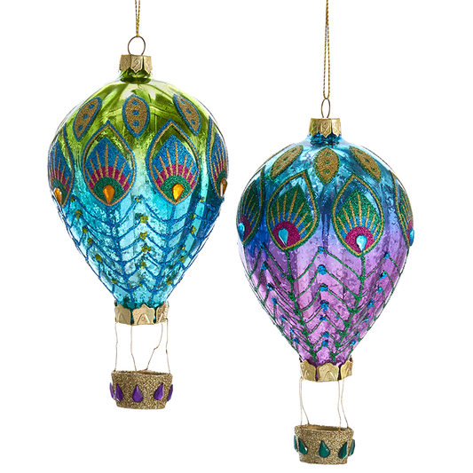 Kurt S. Adler Kerstornament - Luchtballonnen Pauw - set van 2 - glas - groen blauw paars - 15cm