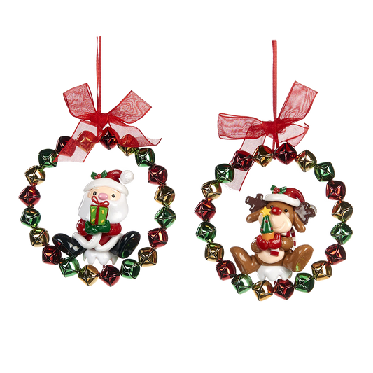 Viv! Christmas Kerstornament - Ring van belletjes met kerstman / rendier  - set van 2 - goud rood groen - 10cm