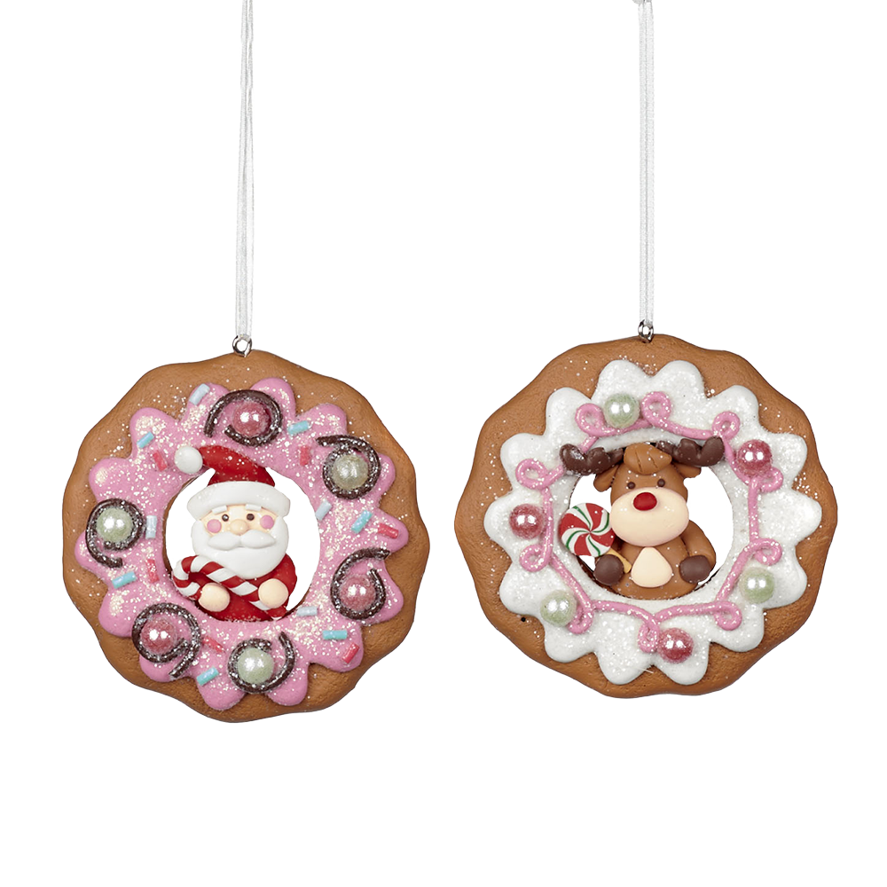 Viv! Christmas Kerstornament - Donut kerstman en rendier - set van 2 - bruin roze wit - 8,5cm