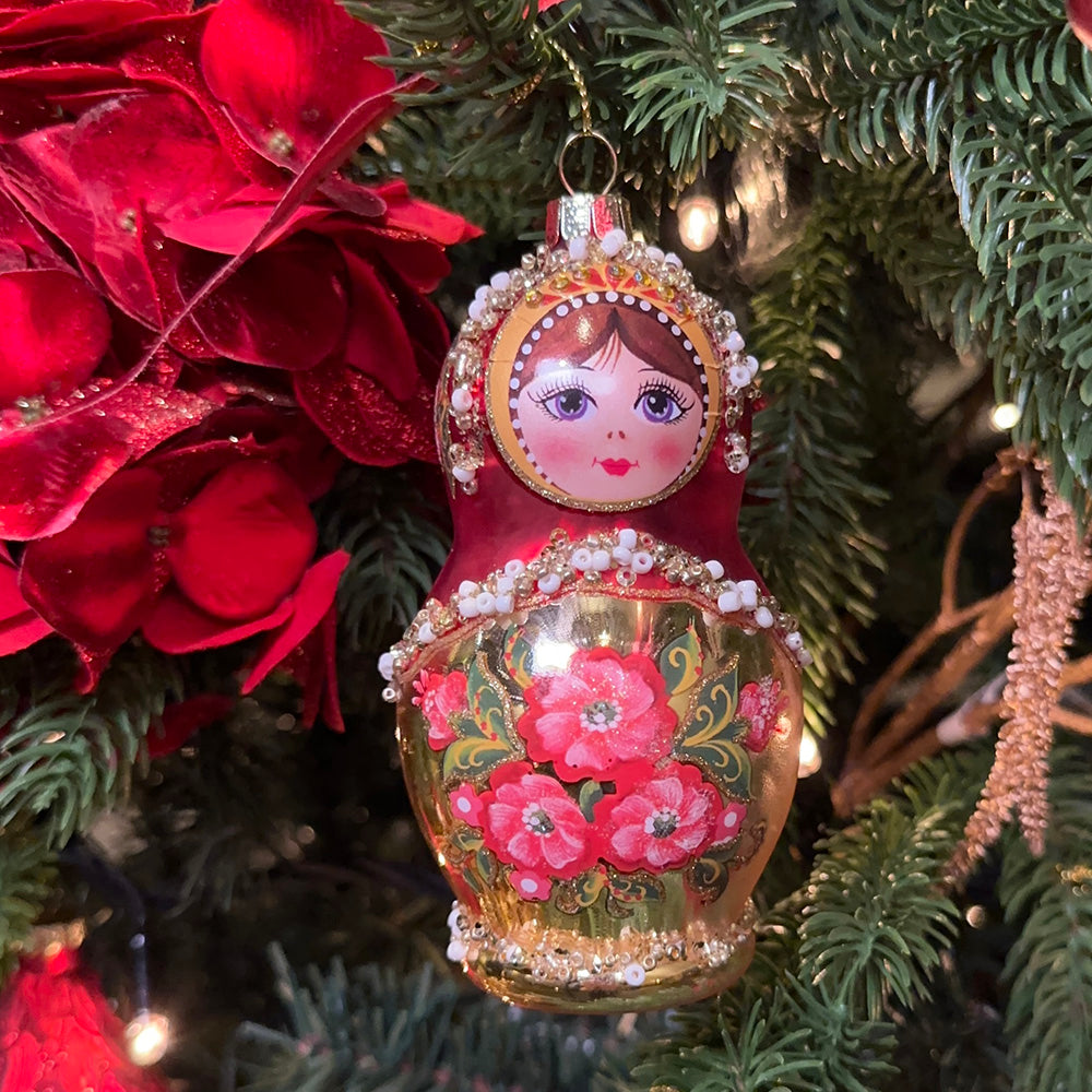 Viv! Christmas Kerstornament - Matroesjka pop - glas - rood goud - 12cm
