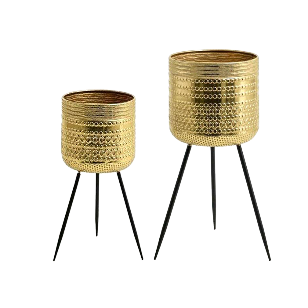 Viv! Home Luxuries Bloempot op pootjes - set van 2 - goud zwart - metaal - 25,5x25,5x54cm en 31x31x68,5cm