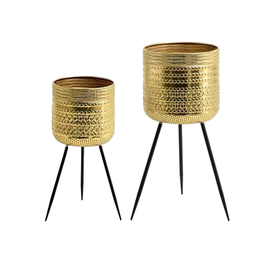 Viv! Home Luxuries Bloempot op pootjes - set van 2 - goud zwart - metaal - 25,5x25,5x54cm en 31x31x68,5cm