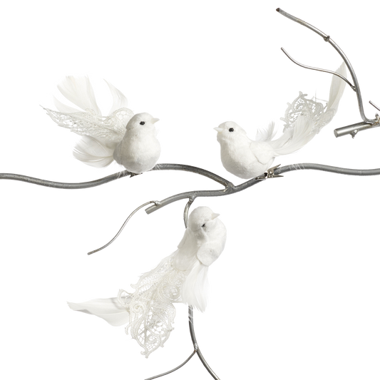 Viv! Home Luxuries Christmas decoration - Birds lace on clip - set of 3 - white - 18cm