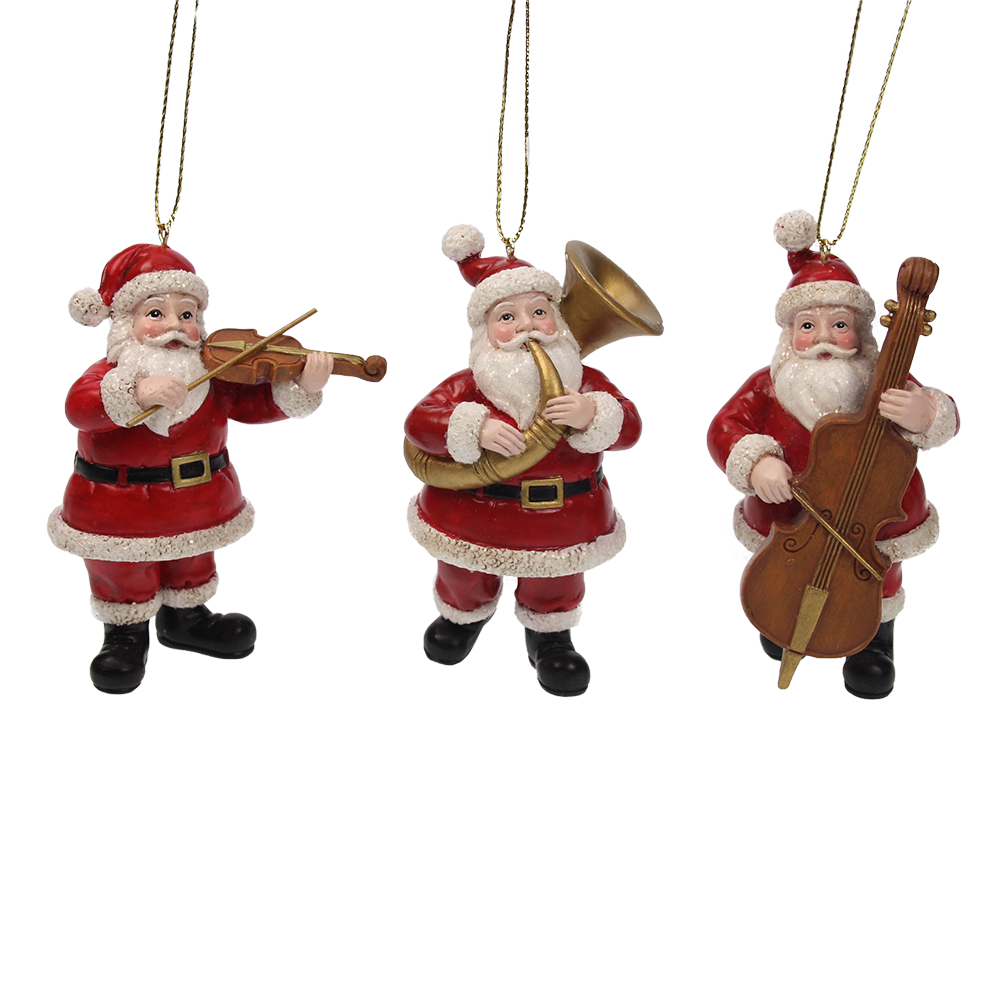 Viv! Christmas Kerstornament - Kerstman met muziekinstrumenten - set van 3 - rood wit bruin - 9cm
