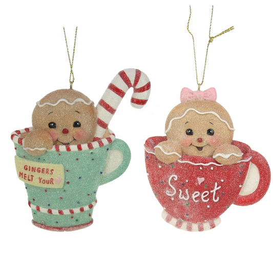 Viv! Christmas Kerstornament - Gingerbread kindjes in mok - set van 2 - blauw rood - 10cm