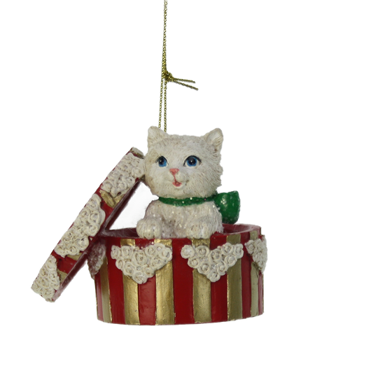 Viv! Christmas Kerstornament - Kat in hoedendoos - rood wit - 6cm