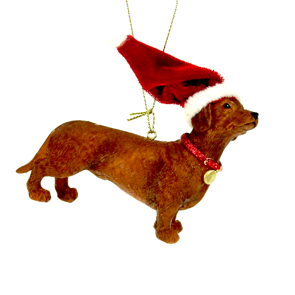 Viv! Christmas Kerstornament - Teckel met kerstmuts - bruin rood - 7cm