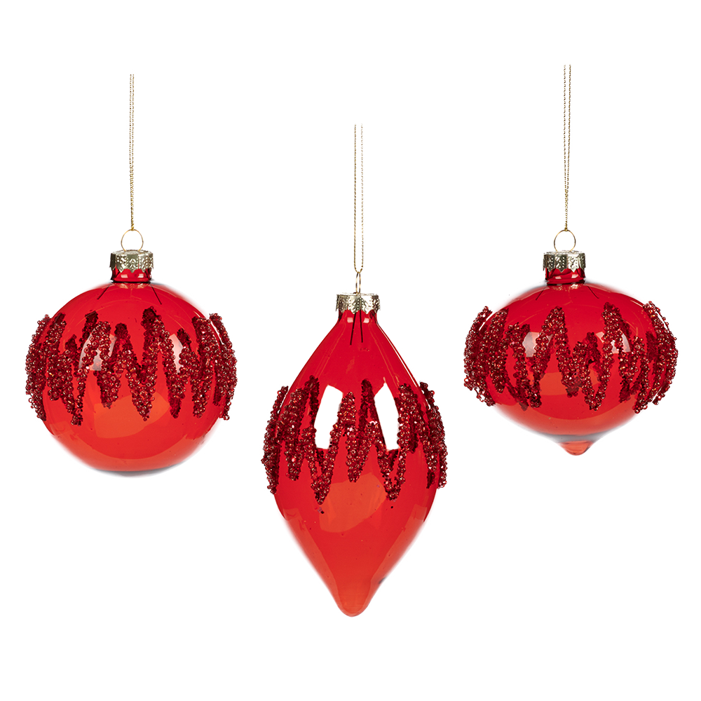 Viv! Christmas Kerstbal - Zigzag kraaltjes - set van 3 - glas - rood - 8cm