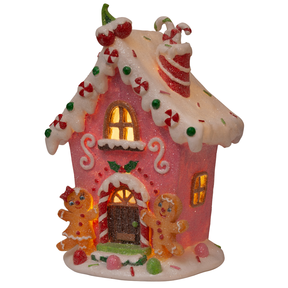 Viv! Christmas Kerstbeeld - Gingerbread Huis incl. LED Verlichting - roze wit - 20cm