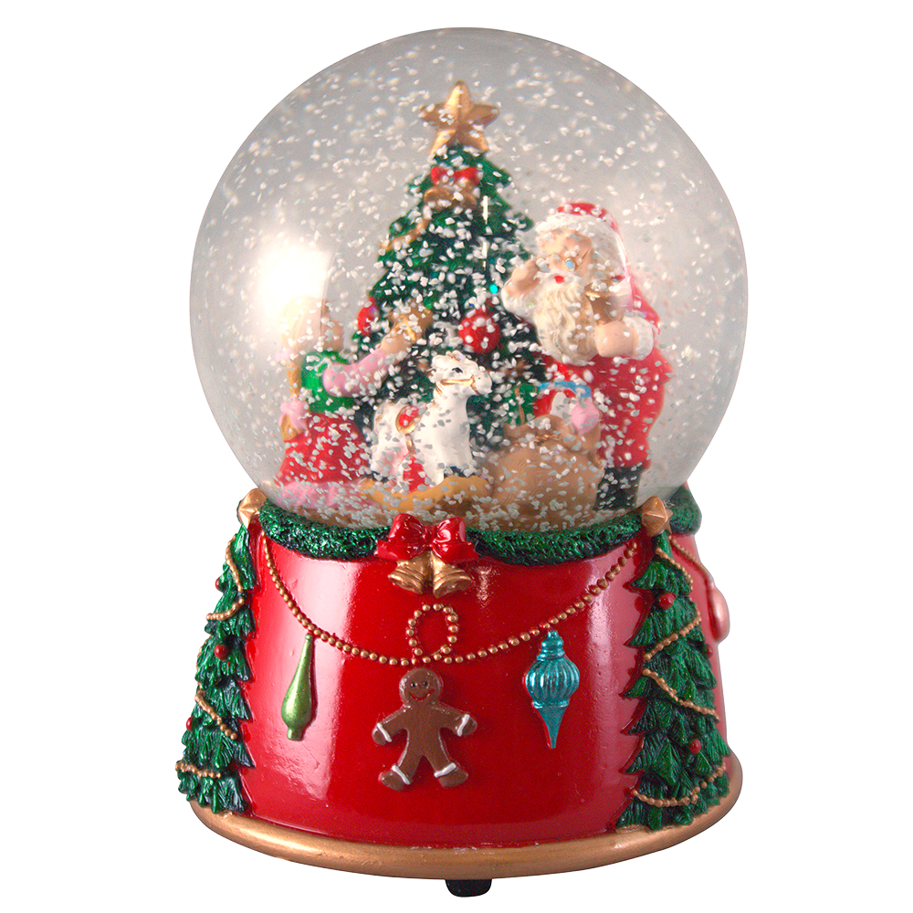 Viv! Christmas Kerst Sneeuwbol incl. Muziekdoos - Kerstman bij Versierde Kerstboom - rood groen - 14cm