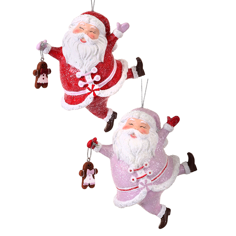 Viv! Christmas Kerstornament - Kerstman met Gingerbread Mannetjes - set van 2 - roze rood - 10cm