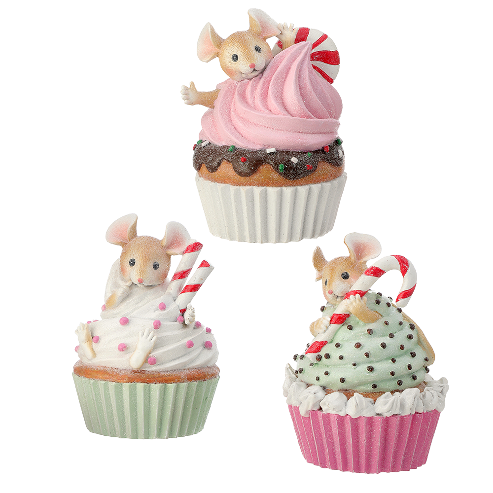 Viv! Christmas Kerstbeeld - Muisjes in Cupcakes - set van 3 - pastel - 15cm