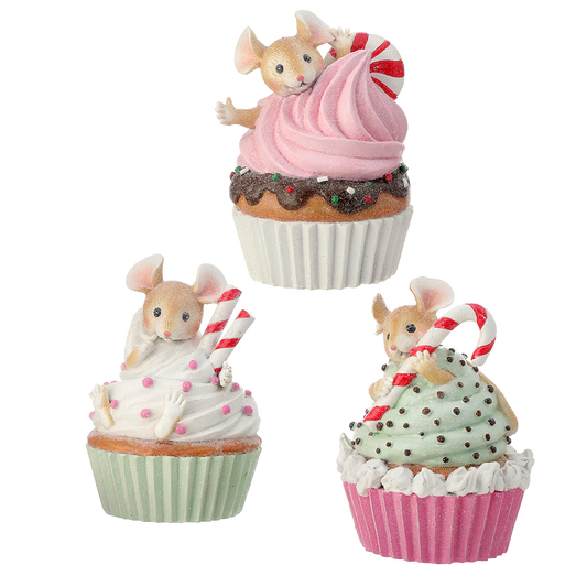 Viv! Christmas Kerstbeeld - Muisjes in Cupcakes - set van 3 - pastel - 15cm