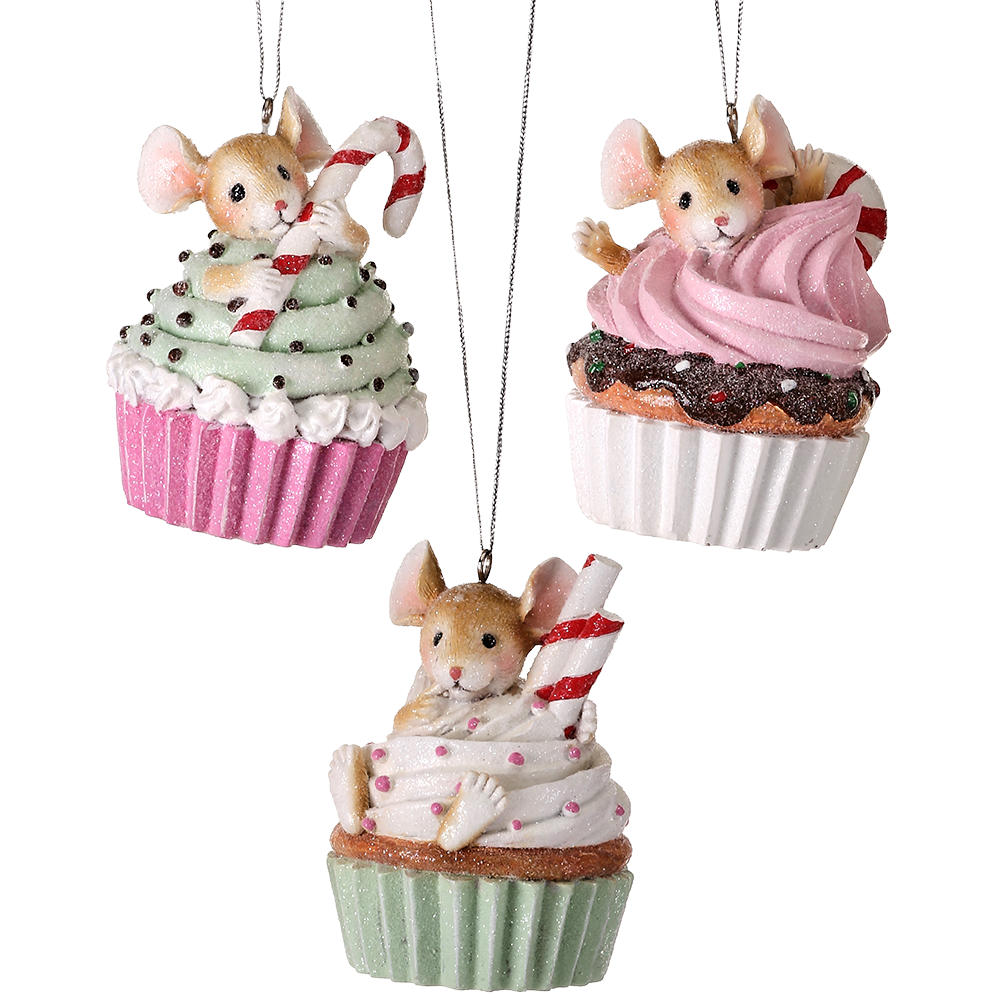 Viv! Christmas Kerstornament - Muisjes in Cupcakes - set van 3 - pastel - multi - 8cm