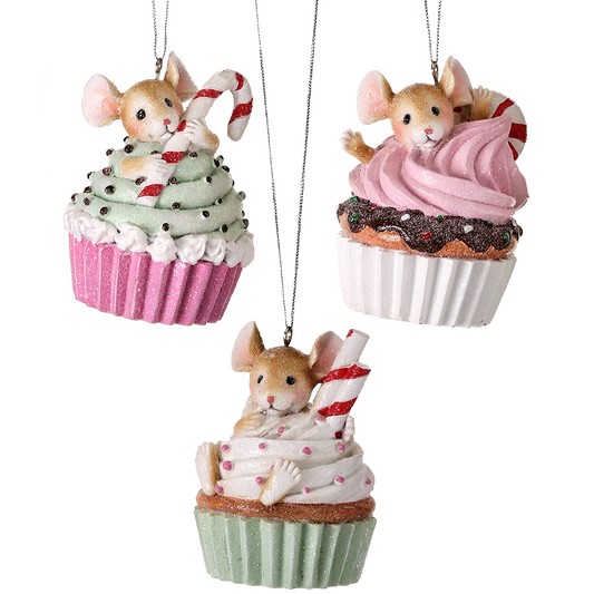 Viv! Christmas Kerstornament - Muisjes in Cupcakes - set van 3 - pastel - multi - 8cm