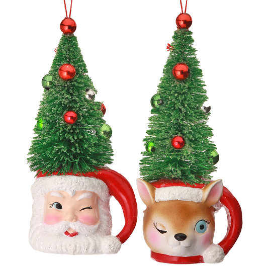 Viv! Christmas Kerstornament - Kerstman en Rendier met Kerstboom Hoed - set van 2 - rood groen wit - 14cm