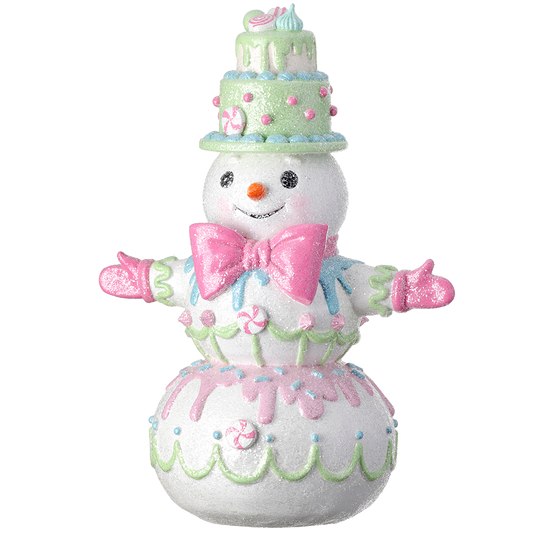 Viv! Christmas Kerstbeeld - Sneeuwpop met Vlinderdas en Snoep  - pastel - roze - 45cm