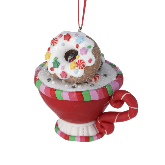 Viv! Christmas Kerstornament - Chocolademelk Mok met Snoep van Klei - rood wit groen - 8cm
