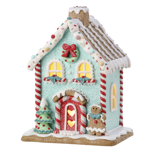 Viv! Christmas Kerstbeeld - Gingerbread Huis incl. LED Verlichting - pastel - blauw - 22cm