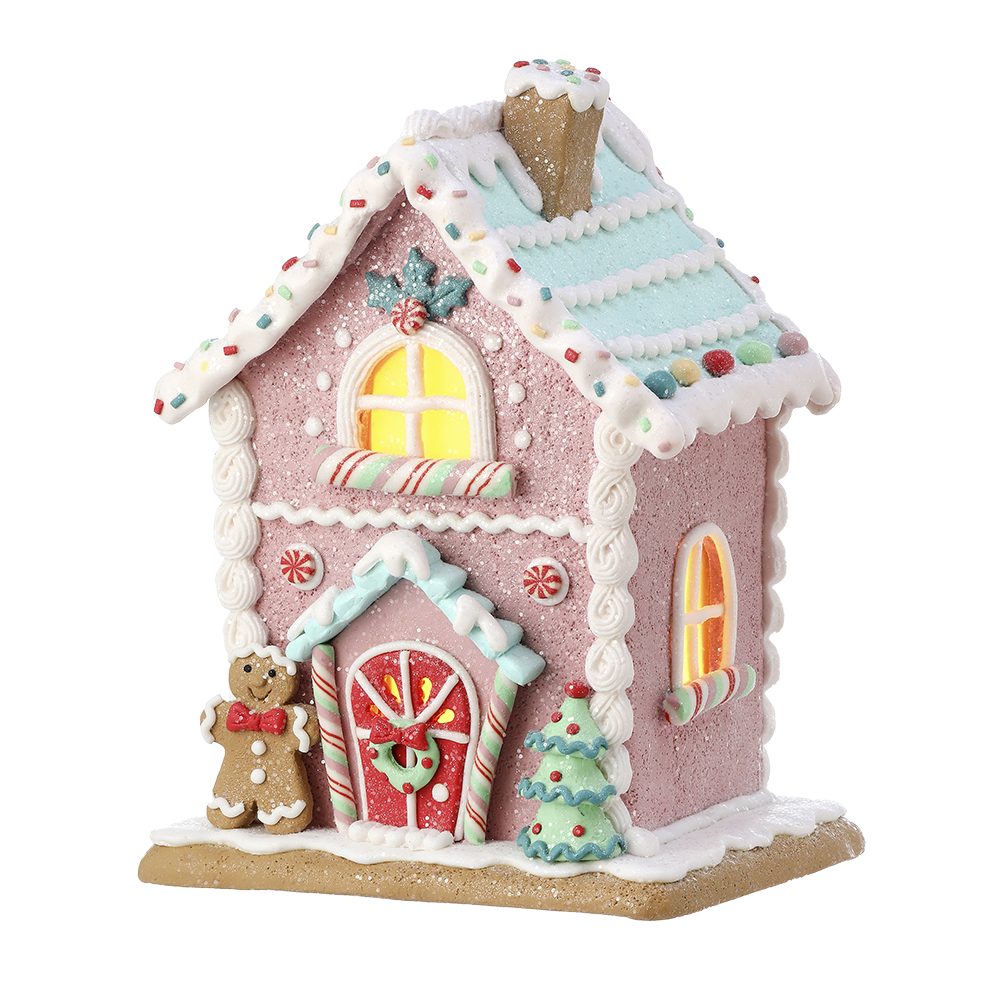 Viv! Christmas Kerstbeeld - Gingerbread Huis incl. LED Verlichting - pastel - roze - 22cm