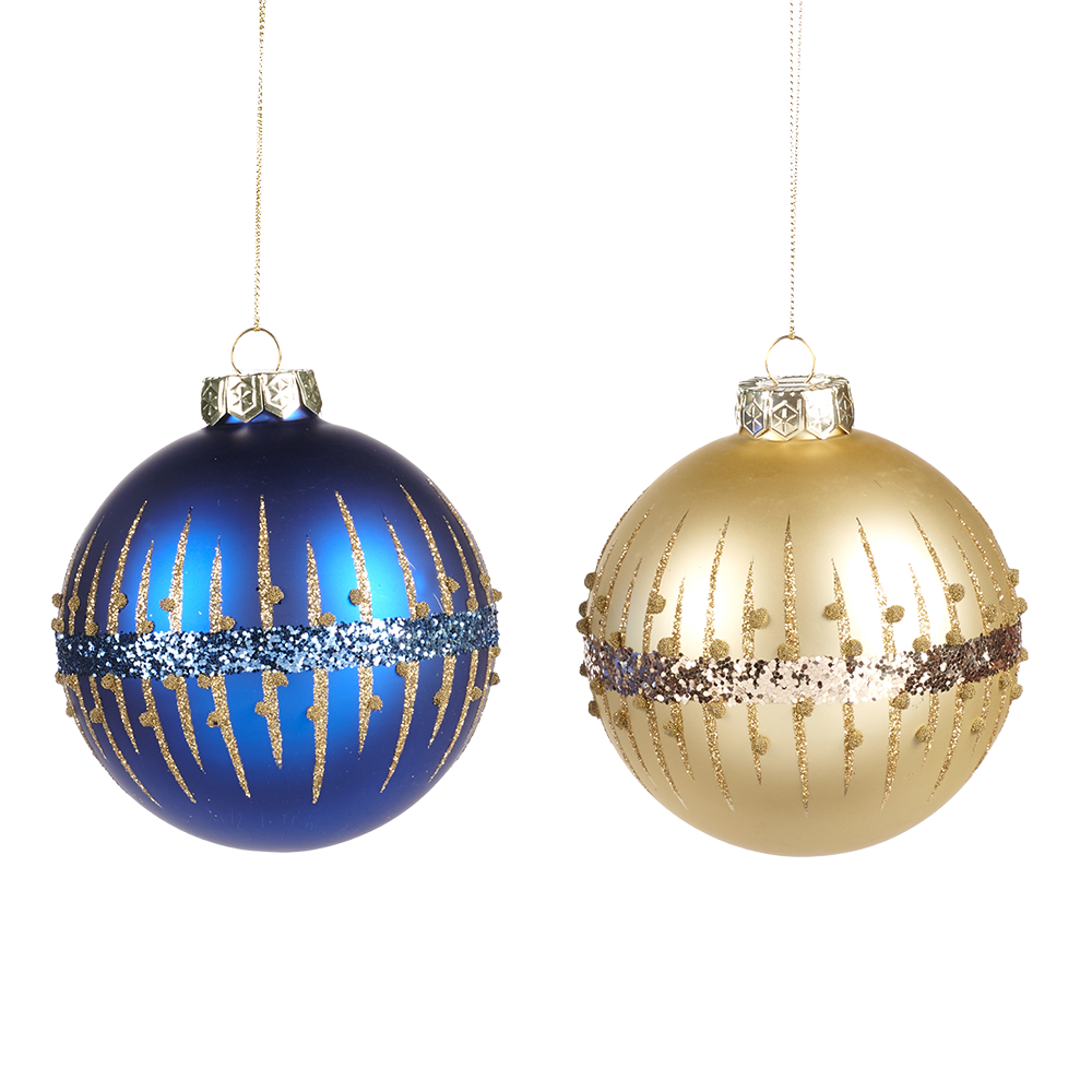 Viv! Christmas Kerstbal - Ring met glitters - set van 2 - glas - blauw goud - 10cm
