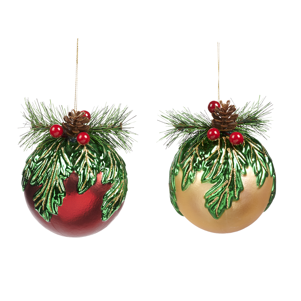 Viv! Home Luxuries Christmas ball - Pine cone and pine branch - set of 2 - glass - red green - 10cm