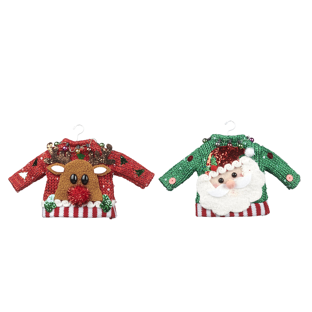 Viv! Christmas Kerstornament - Gebreide kersttruien - Kerstman en rendier - set van 2 - rood groen - groot - 21cm